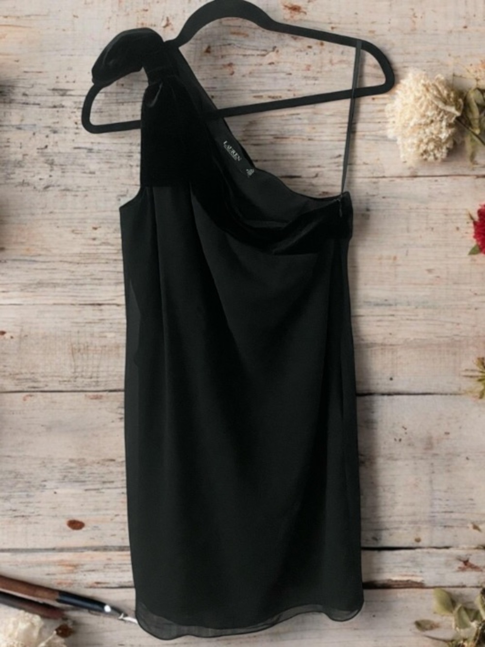 Lauren Ralph Lauren One Shoulder Cocktail Dress Black Elegant Wedding Size 10
